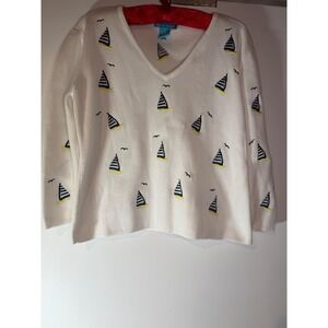 Alexandra Bartlett Womens White Cotton Sailboat Embroidered V-Neck Sweater M